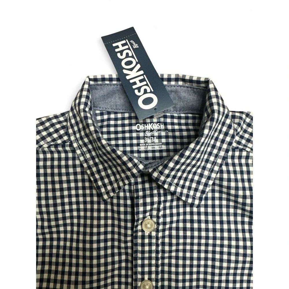 NWT Oshkosh B'Gosh Boy's 3t Navy & White Plaid Short Sleeve Button Down Shirt
